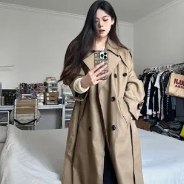 Damen Langer Kastiger Trenchmantel mit doppelreihiger Knopfleiste und übergroßem Revers Drune