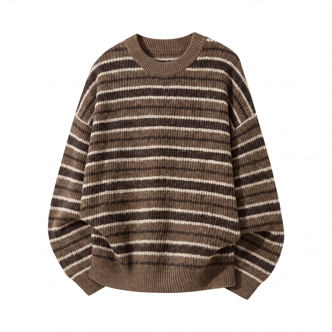 Unisex Gestreifter Oversize-Rippenstrickpullover mit Rundhalsausschnitt Drune
