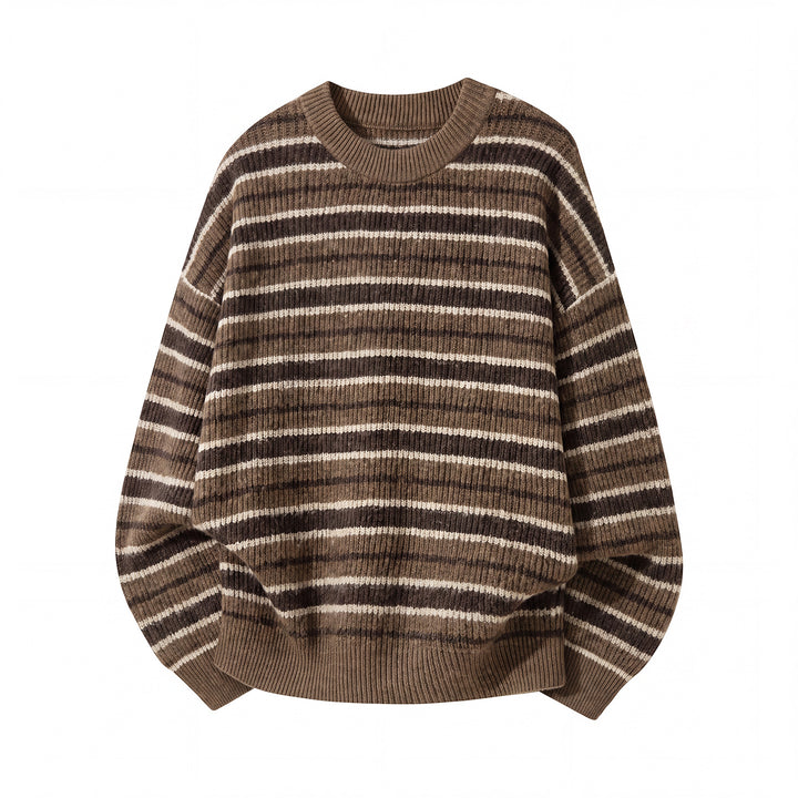 Unisex Gestreifter Oversize-Rippenstrickpullover mit Rundhalsausschnitt Drune