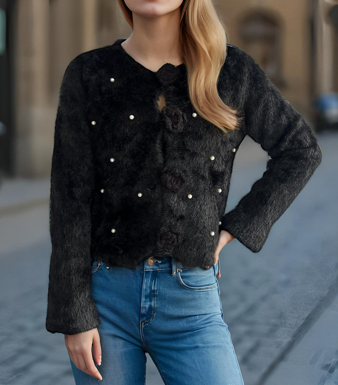 Damen Strickjacke mit floralen Applikationen und perlverzierter Detail Drune