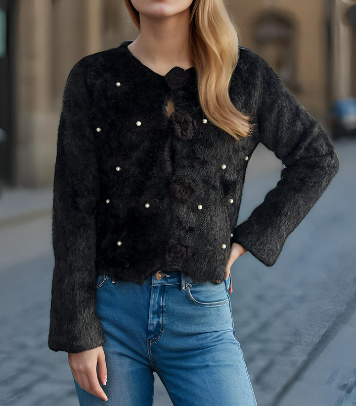 Damen Strickjacke mit floralen Applikationen und perlverzierter Detail Drune