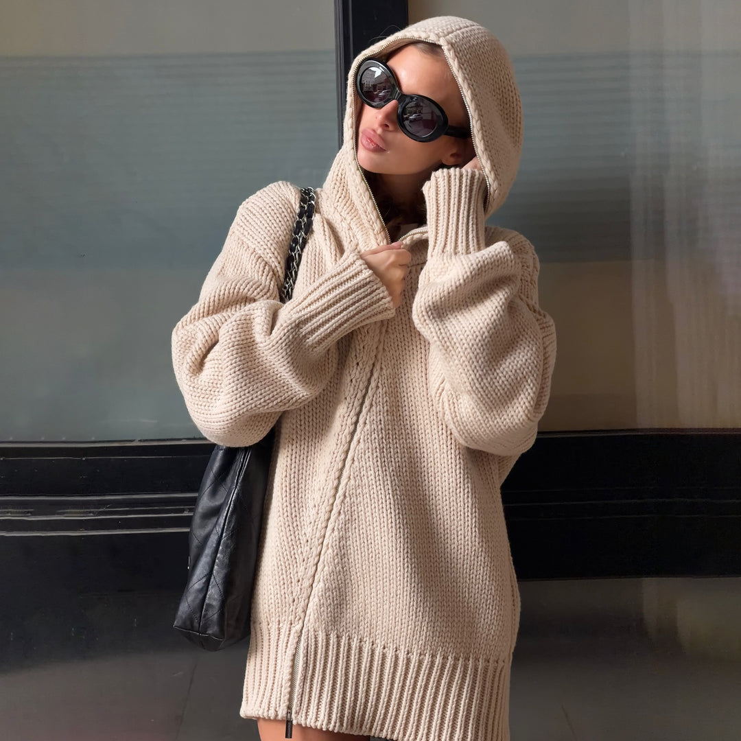 Damen Großer Strickpullover mit Kapuze Drune