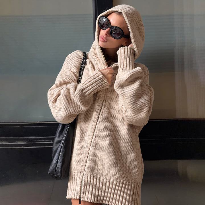 Damen Großer Strickpullover mit Kapuze Drune