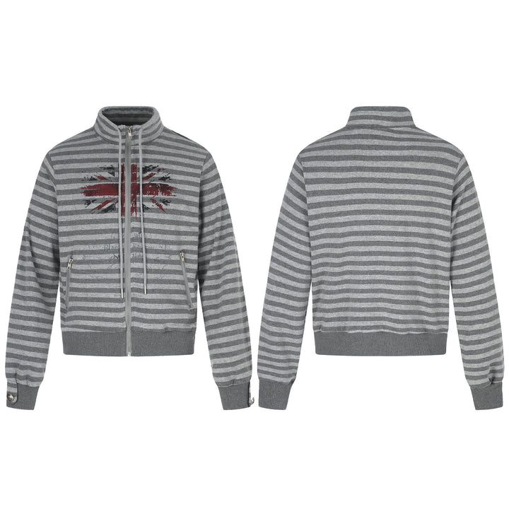 Herren Kapuzenlose gestreifte Zip‑Blousonjacke mit Funnelkragen und Vintage‑Print Drune