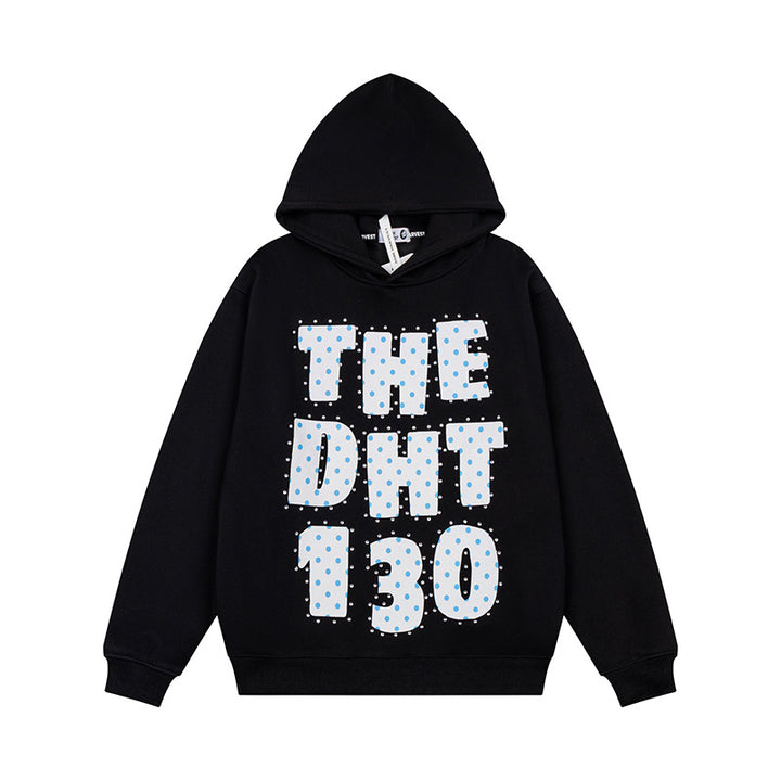 Unisex Oversize-Kapuzenpullover mit Statement-Print und Polka‑Dot-Applikation Drune