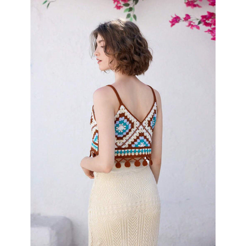 Damen Crop-Top mit besticktem Design und Fransen Drune