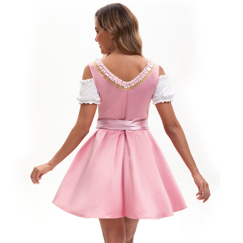 Damen nan traditionelles Dirndlkleid mit Spitzen Schürze Taillenkorsett und Puffärmel Drune