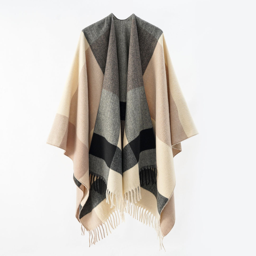Damen Weiches Oversize-Cape aus Wollmischung mit großem Blockmuster und Fransensaum Drune