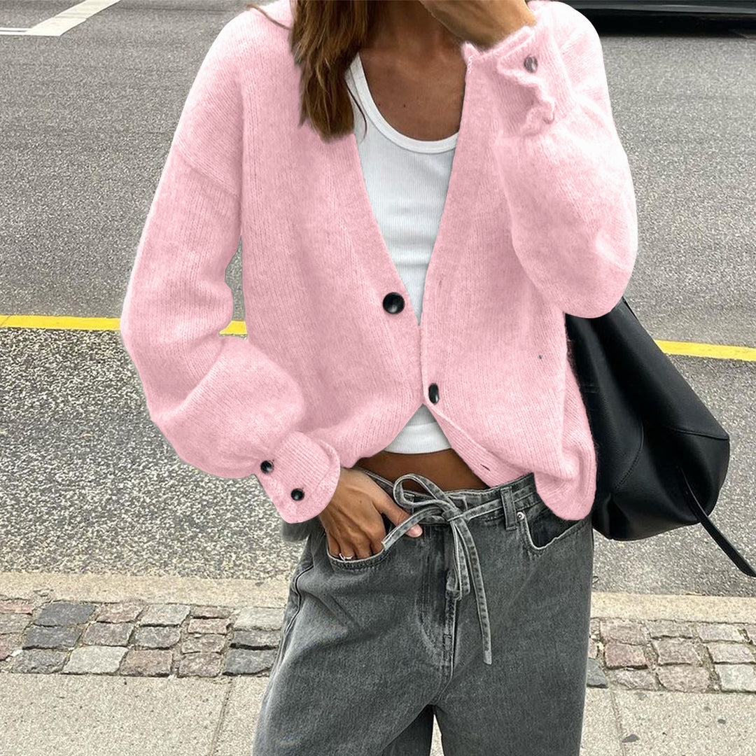Damen nan lässige Strickjacke mit tiefem V-Ausschnitt, aufgesetzten Knopfleisten und Ballonärmeln Drune