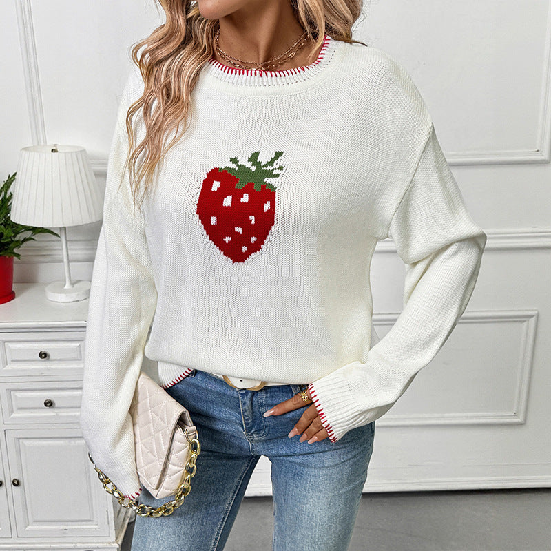 Damen Verspielter Pullover mit Erdbeer-Motiv Drune