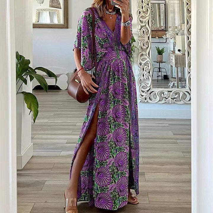 Damen Maxikleid im Boho-Stil mit Wickeleffekt, V-Ausschnitt und hohem Beinschlitz Drune