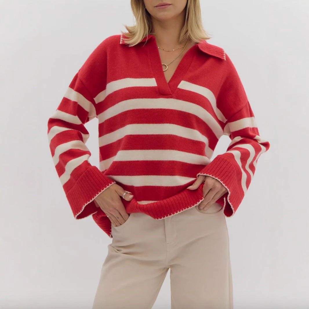 Damen kuschelige Strickpullover mit modernem Streifenmuster und V-Ausschnitt Drune