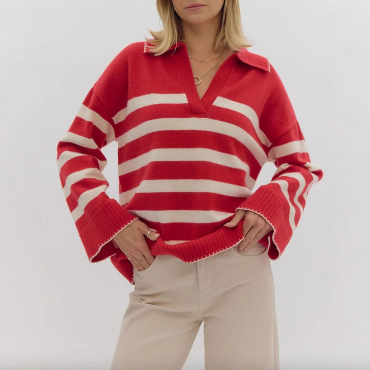 Damen kuschelige Strickpullover mit modernem Streifenmuster und V-Ausschnitt Drune