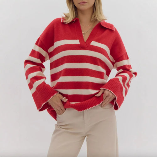 Damen kuschelige Strickpullover mit modernem Streifenmuster und V-Ausschnitt Drune