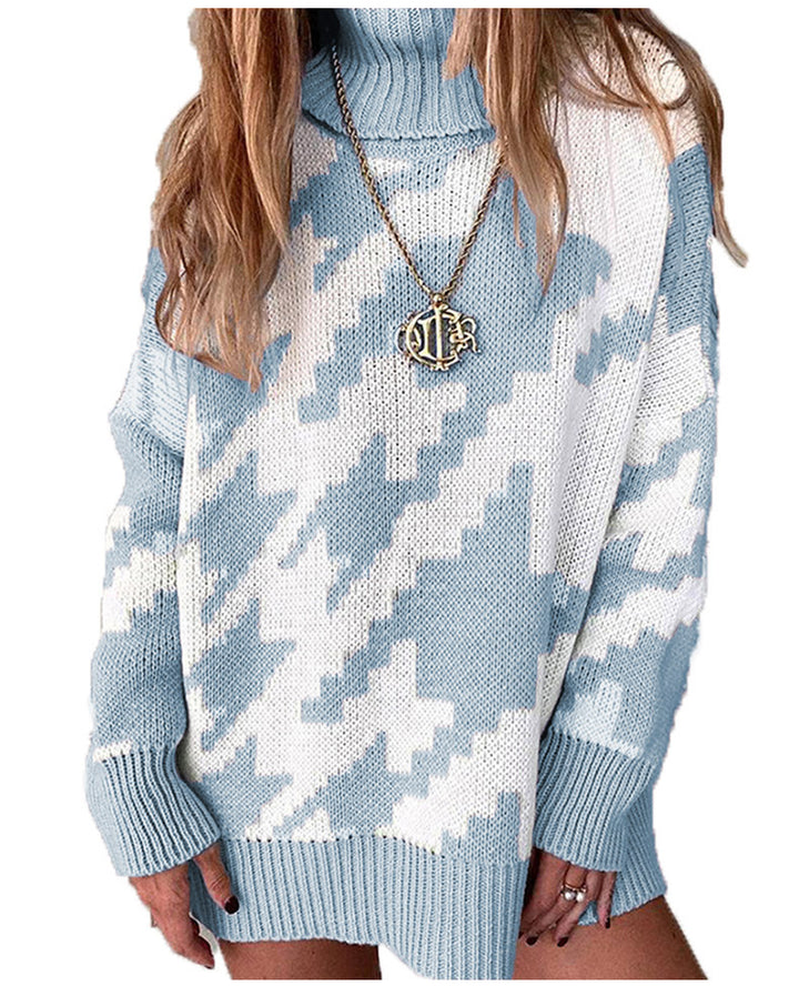 Damen Strickpullover mit hohem Kragen und modernem Zickzack-Muster Drune