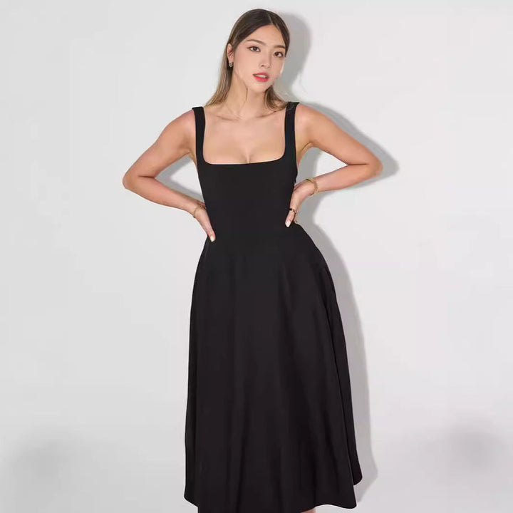 Damen A-Linien Maxikleid mit quadratischem Ausschnitt und fließendem Stoff Drune