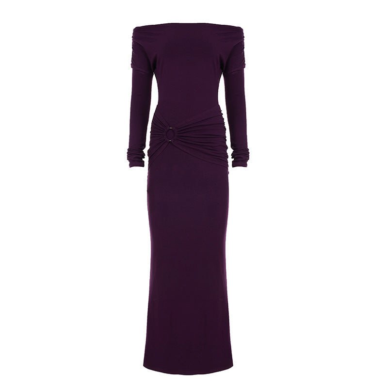 Damen Off-Shoulder Maxikleid mit taillierter Wickeloptik und Raffung Drune