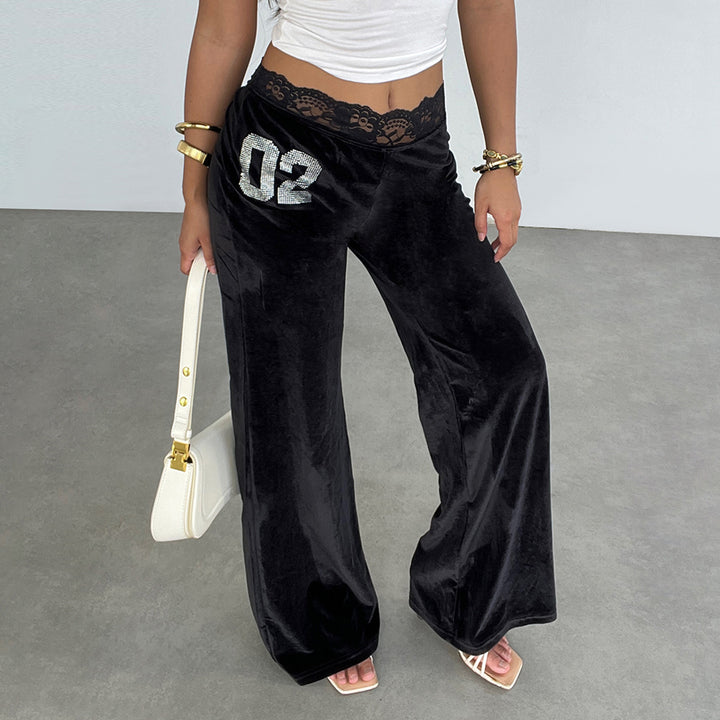 Damen elegante Flared-Hose aus weichem Material mit Spitzenbund und Glitzerakzenten Drune