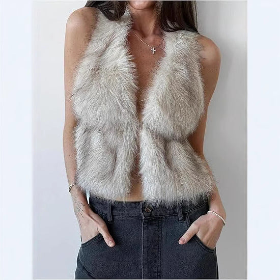 Damen Ärmelloses Cropped-Kunstpelz-Set mit Minirock und flauschigen Stulpen Drune