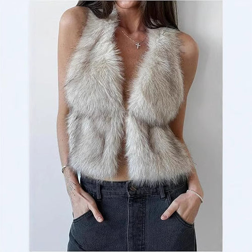 Damen Ärmelloses Cropped-Kunstpelz-Set mit Minirock und flauschigen Stulpen Drune