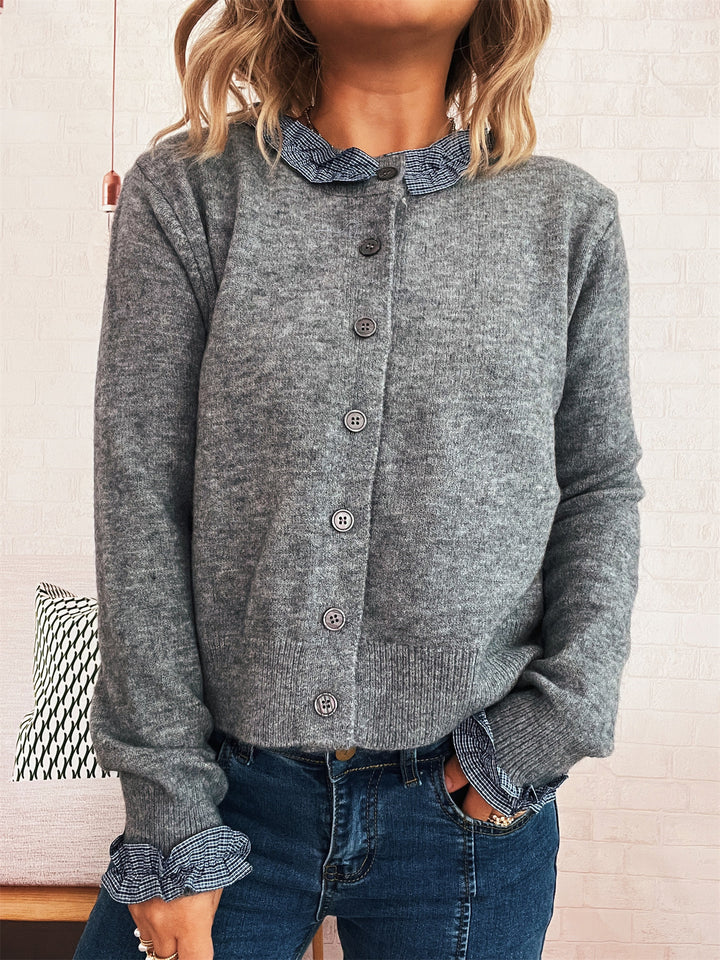 Damen elegante Strickjacke mit Kontrastkragen Drune