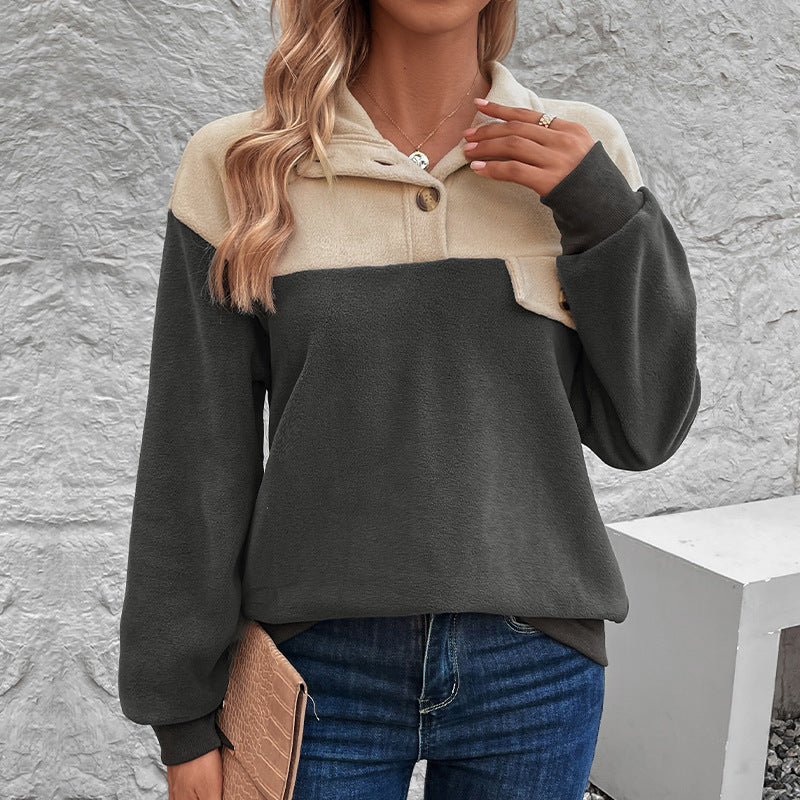 Damen Fleece Pullover mit Knopfverschluss und Taschen Drune