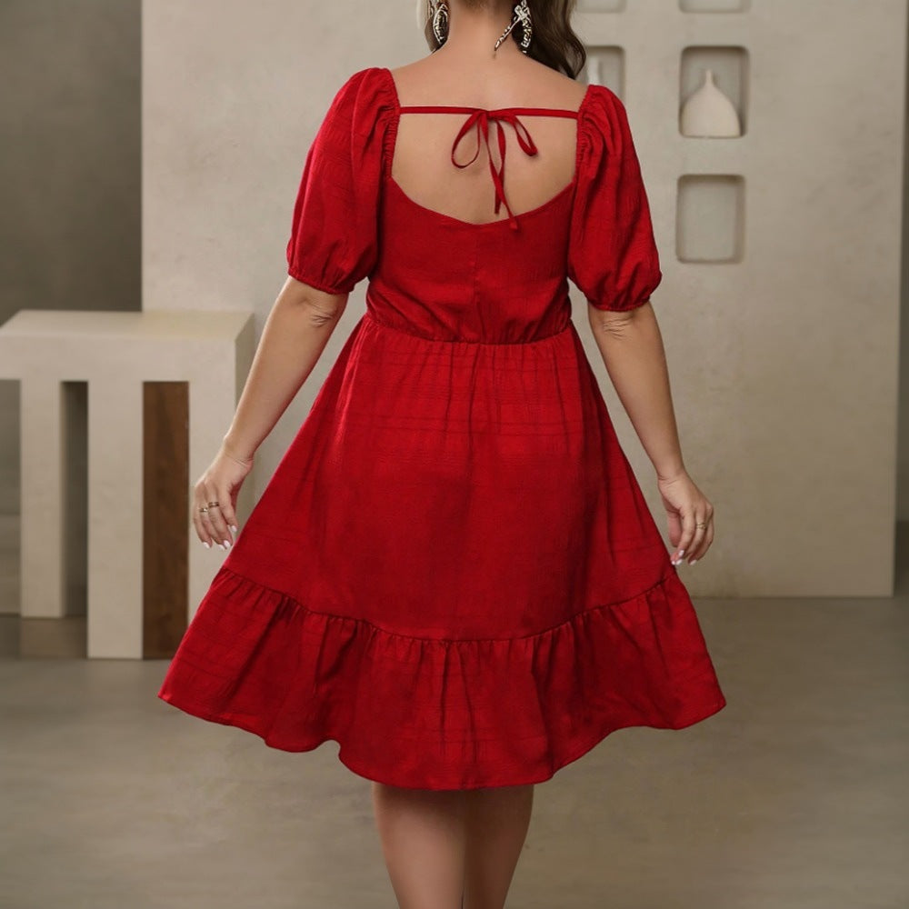 Damen lässiges Midikleid mit Rüschen und Puffärmeln Drune