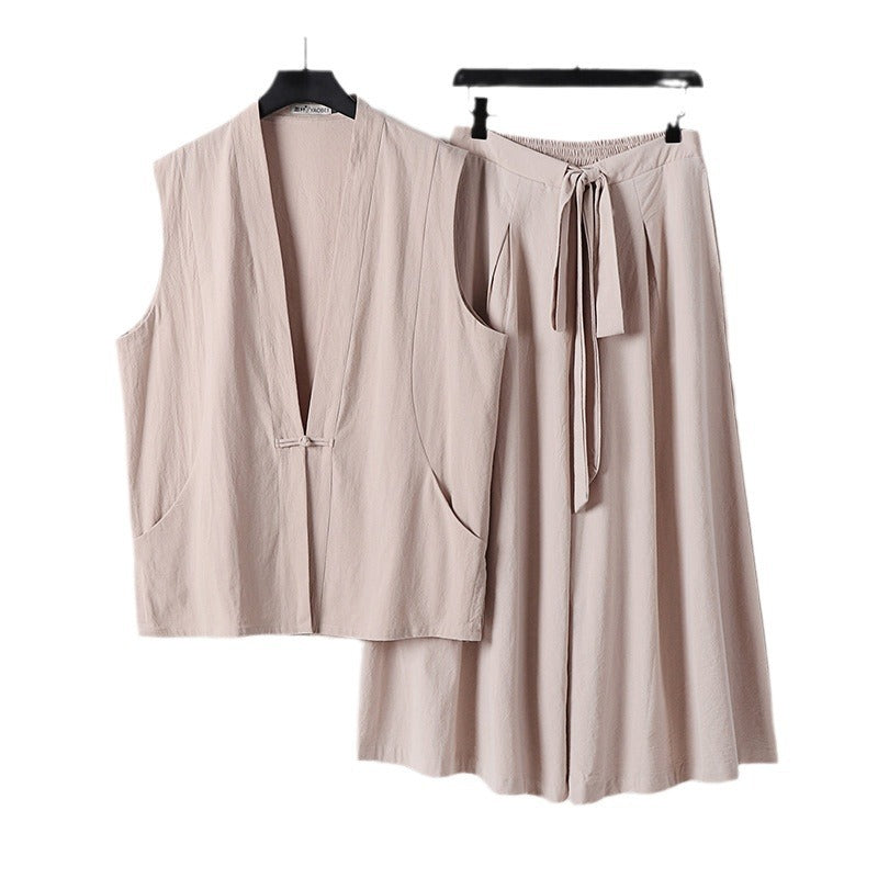 Damen Ärmelloses Kimono-Loungewear-Set aus leichtem Viskose-Leinen mit Bindeweste und weiten Palazzo-Hose Drune