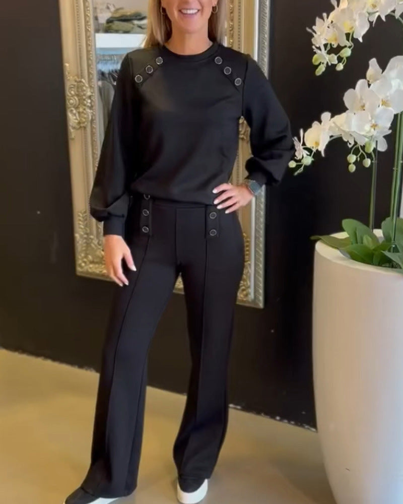 Damen nan sportlich-elegantes Jersey-Zweiteiler mit Ösenverzierung, hochgeschnittener Bundhose im Marlene-Schnitt Drune