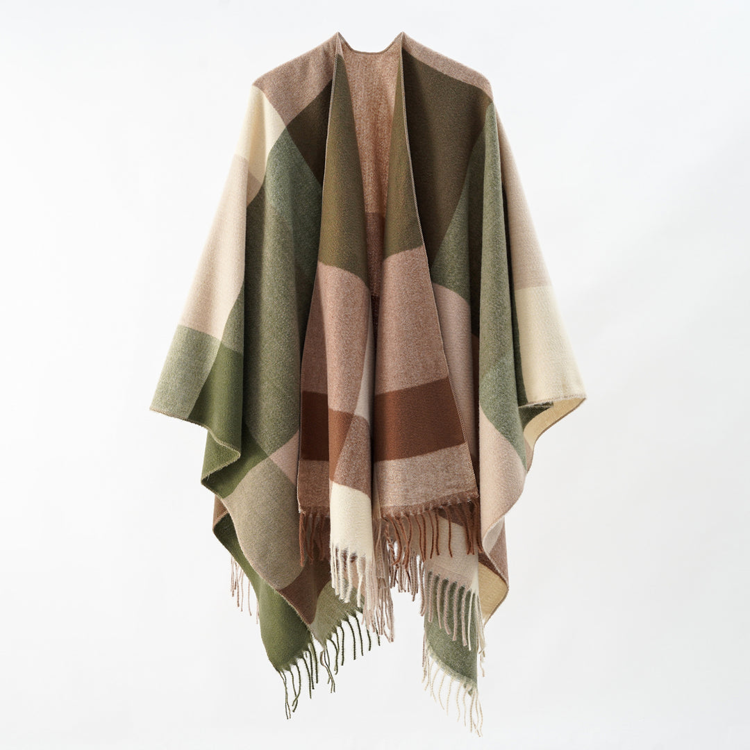 Damen Weiches Oversize-Cape aus Wollmischung mit großem Blockmuster und Fransensaum Drune