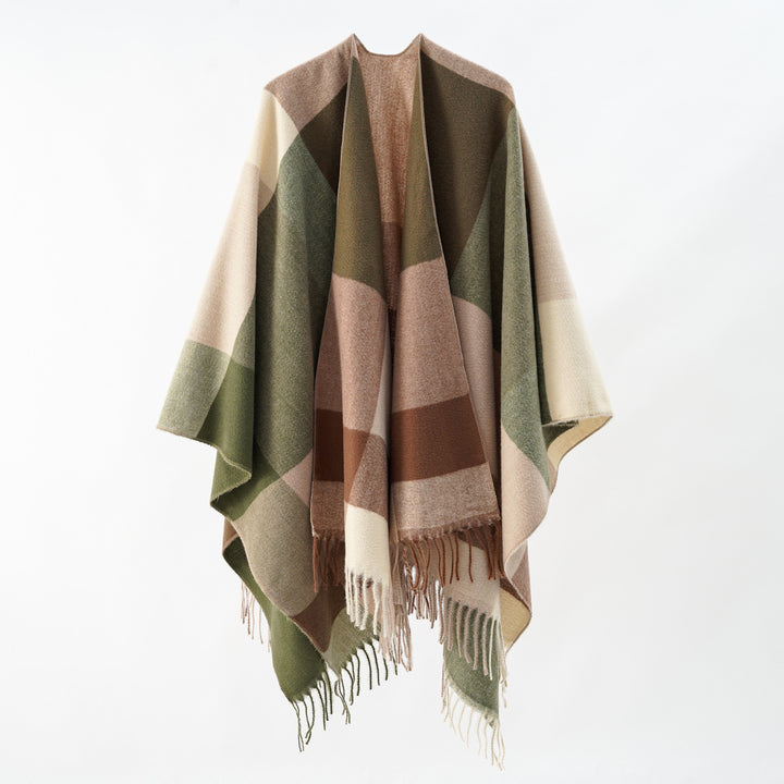 Damen Weiches Oversize-Cape aus Wollmischung mit großem Blockmuster und Fransensaum Drune