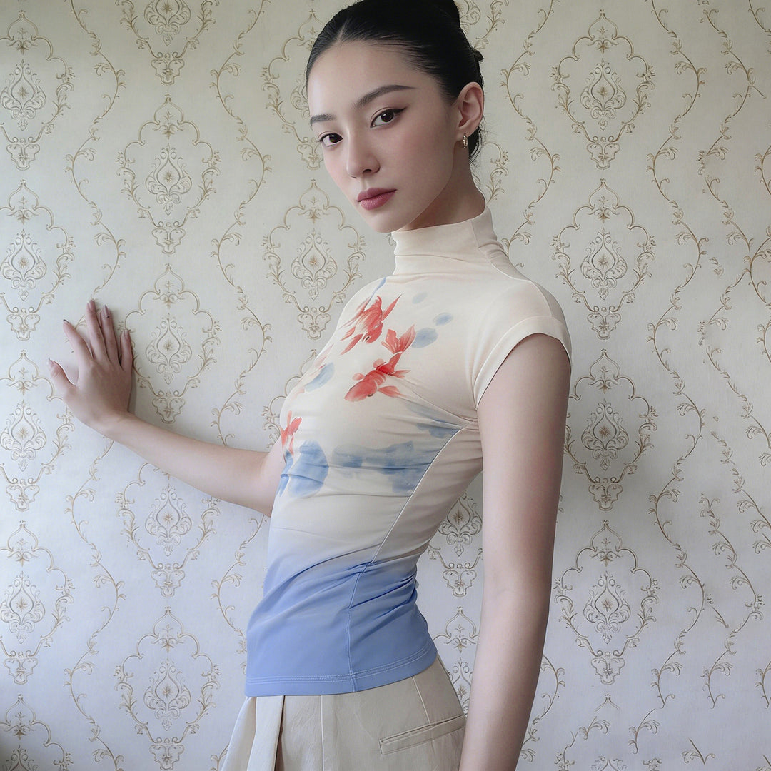 Damen Kurzarmshirt mit floralem Motiv und hochgeschlossenem Kragen Drune