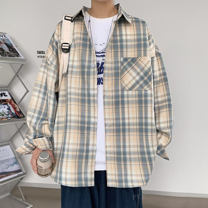 Herren Oversized Karo-Flanellhemd mit Brusttasche und Drop-Shoulder Drune