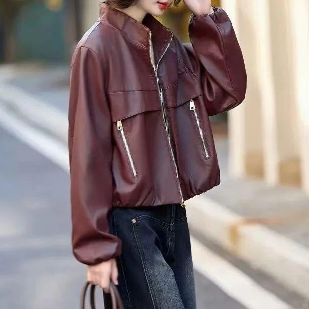 Damen Modische und edgy Lederjacke mit hohem Kragen und doppelt genähten Nähten Drune