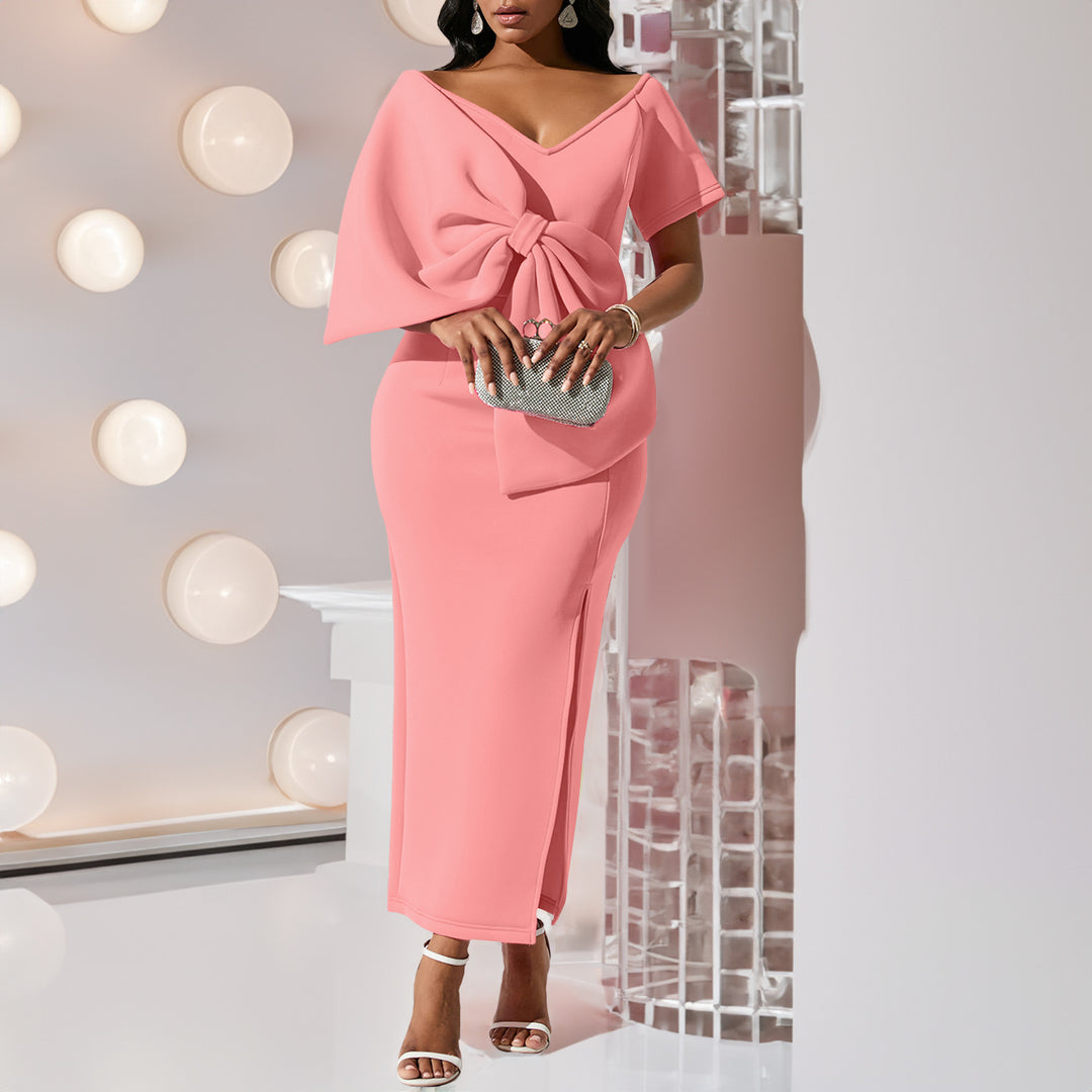 Damen figurbetontes Kleid mit voluminösem Schleifen-Detail und modernem Schlitz Drune