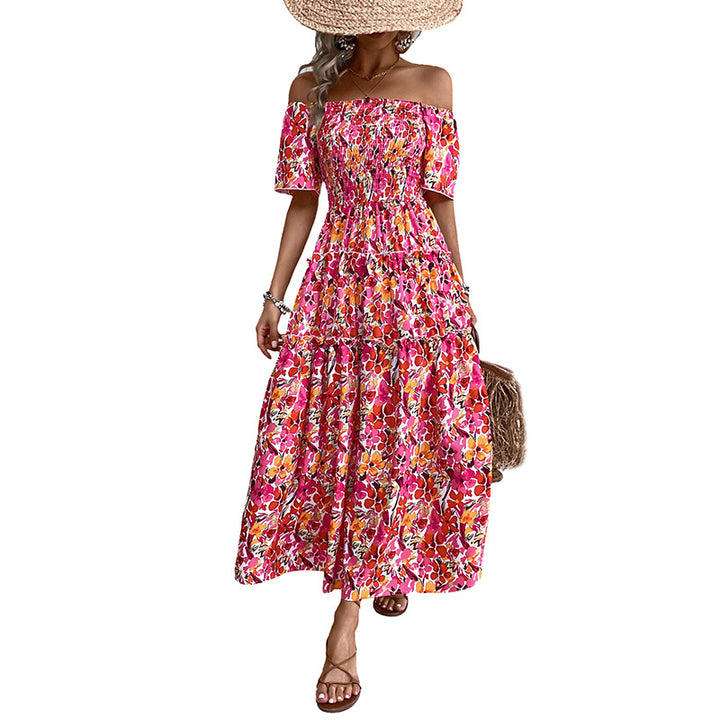 Damen Off-Shoulder Maxikleid mit Blütenmuster und Rüschendetails Drune