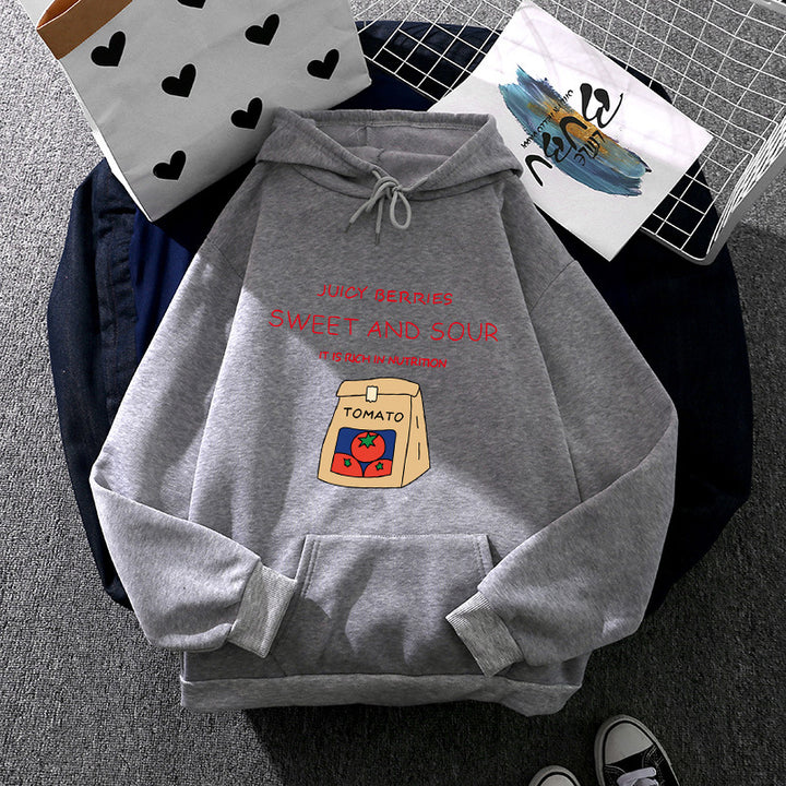 Damen nan Oversize-Kapuzenpullover mit verspieltem Tomatenprint, Kängurutasche und weichem Fleecefutter Drune