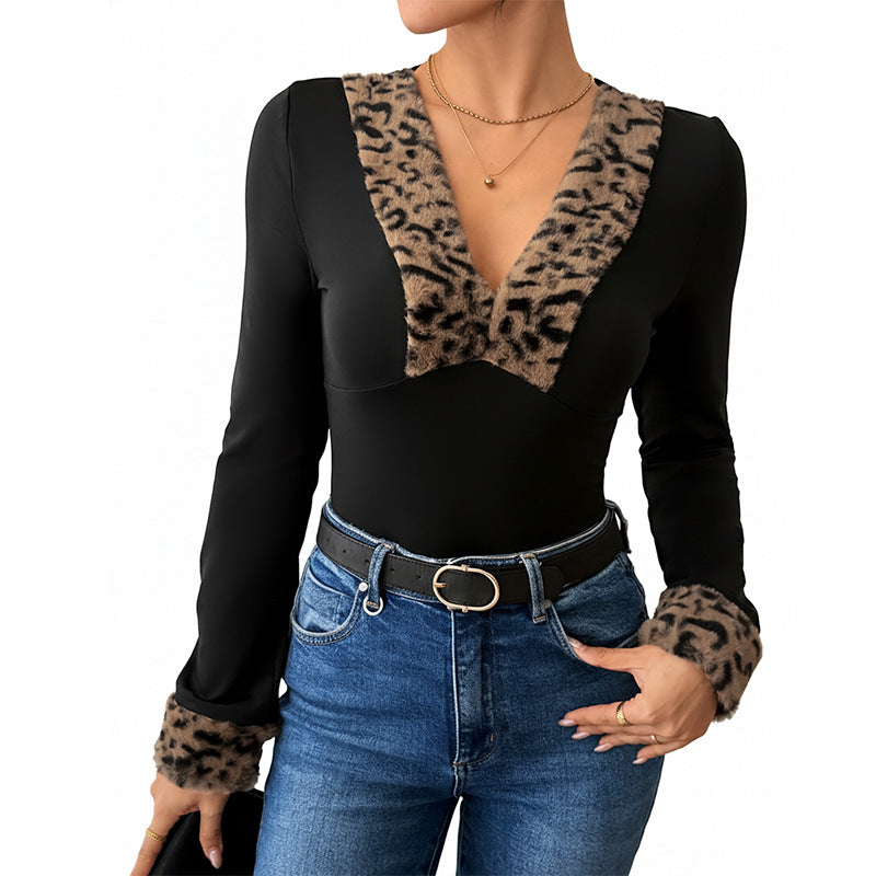 Damen Taillierter Longsleeve-Body mit Leoparden-Kragen und Kunstfellmanschetten Drune