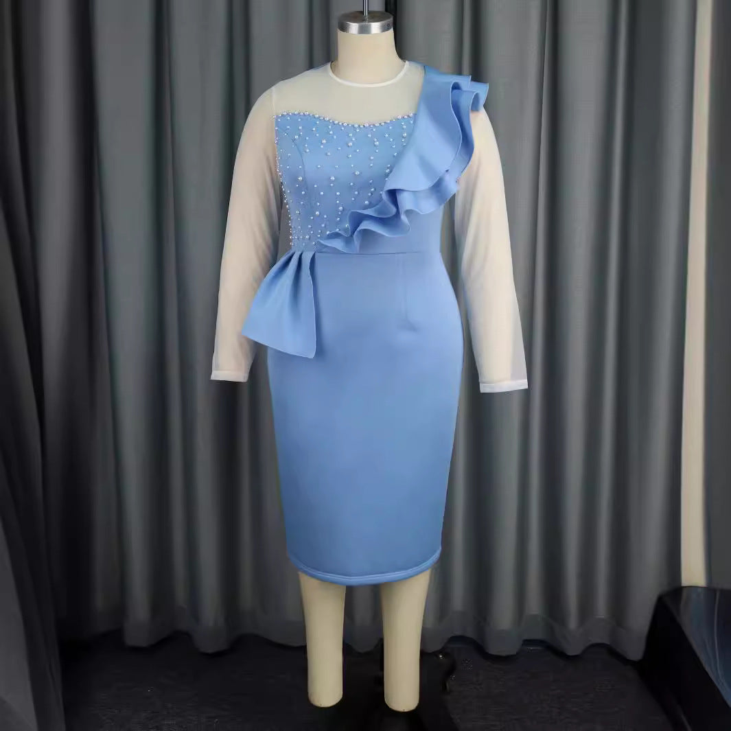 Damen figurbetontes Kleid mit Rüschendetails und Perlenakzenten Drune