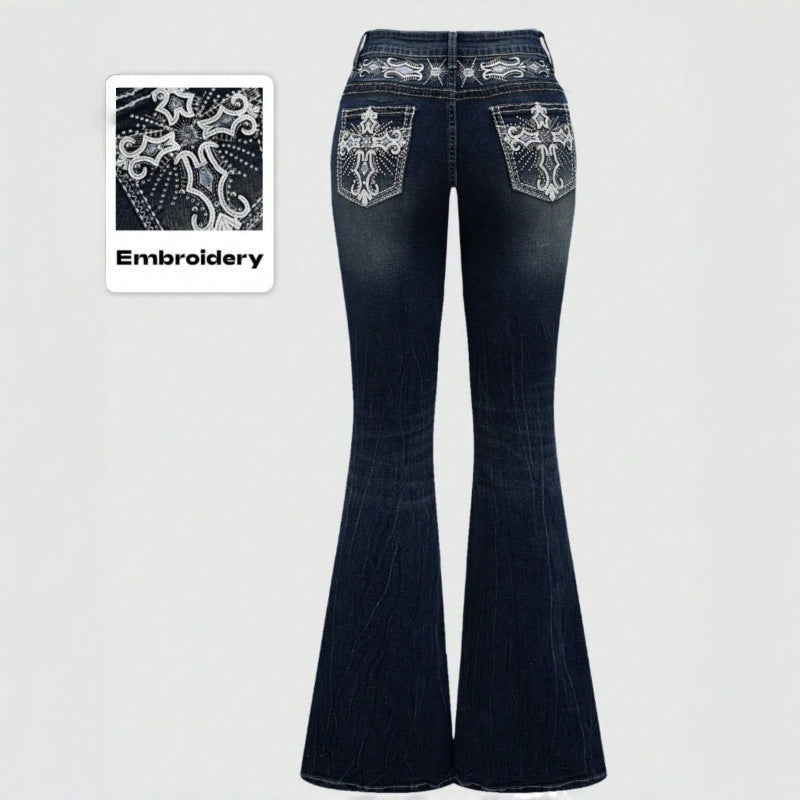 Damen Bootcut Jeans mit aufwendigen Stickereien und hohem Bund Drune