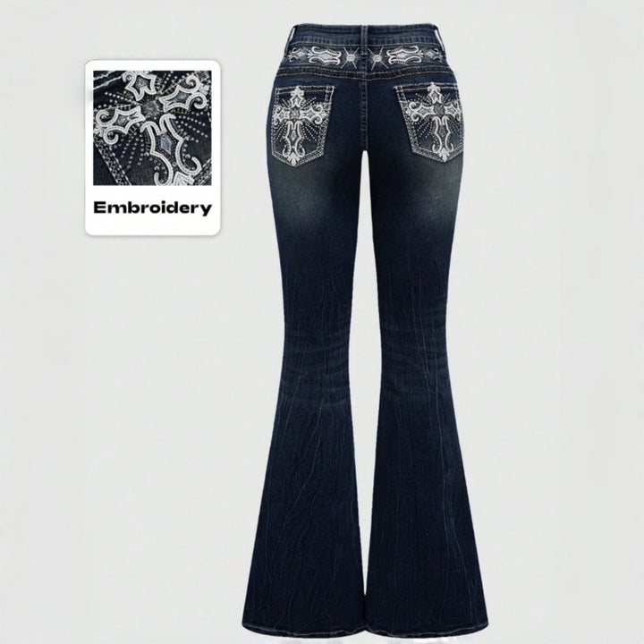 Damen Bootcut Jeans mit aufwendigen Stickereien und hohem Bund Drune