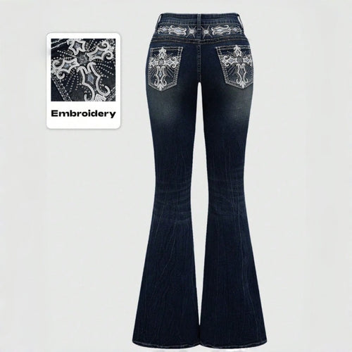 Damen Bootcut Jeans mit aufwendigen Stickereien und hohem Bund Drune