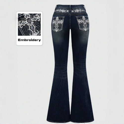 Damen Bootcut Jeans mit aufwendigen Stickereien und hohem Bund Drune