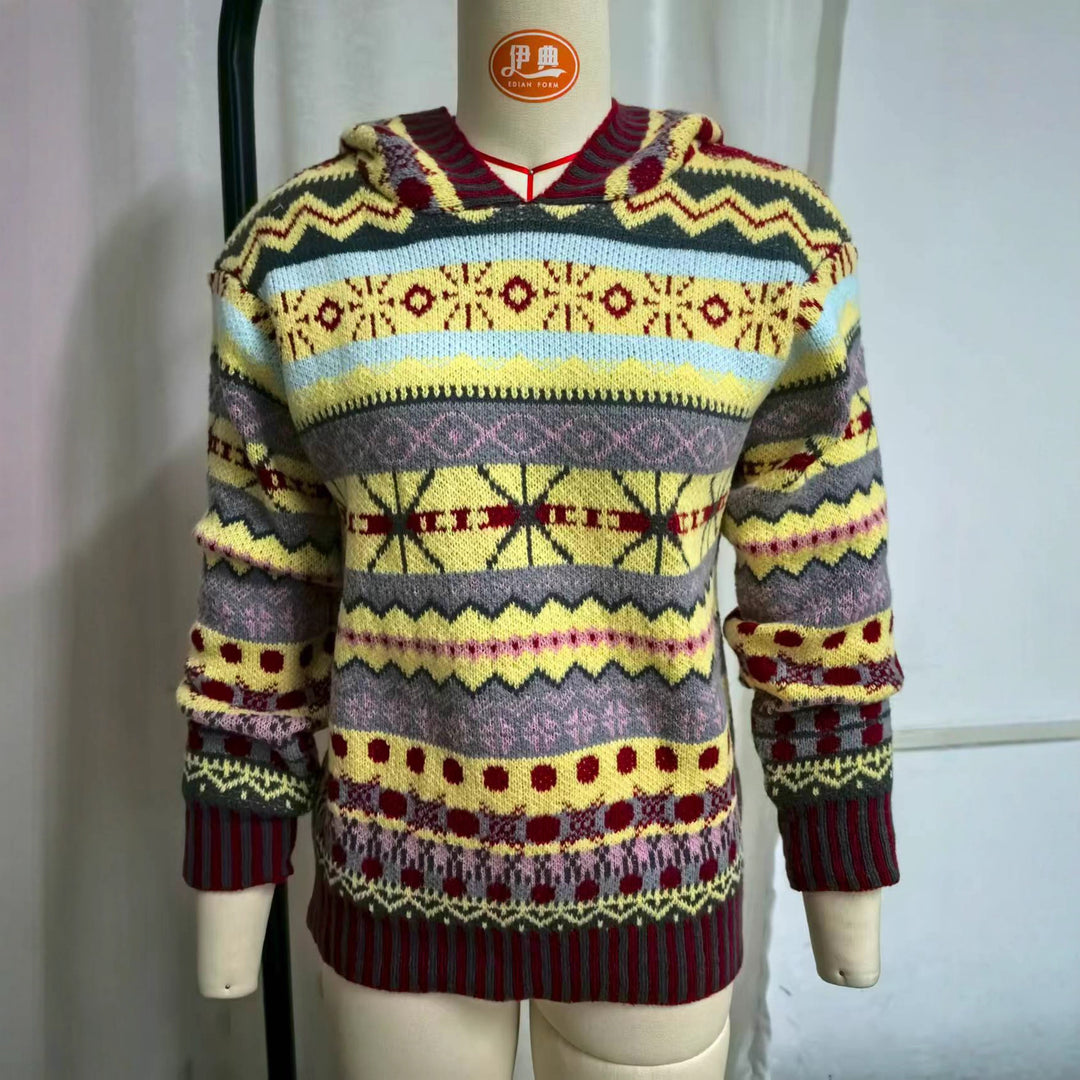 Damen nan oversized Strickkapuzenpullover mit Norwegermuster, gefütterter Kapuze und gerippten Bündchen Drune