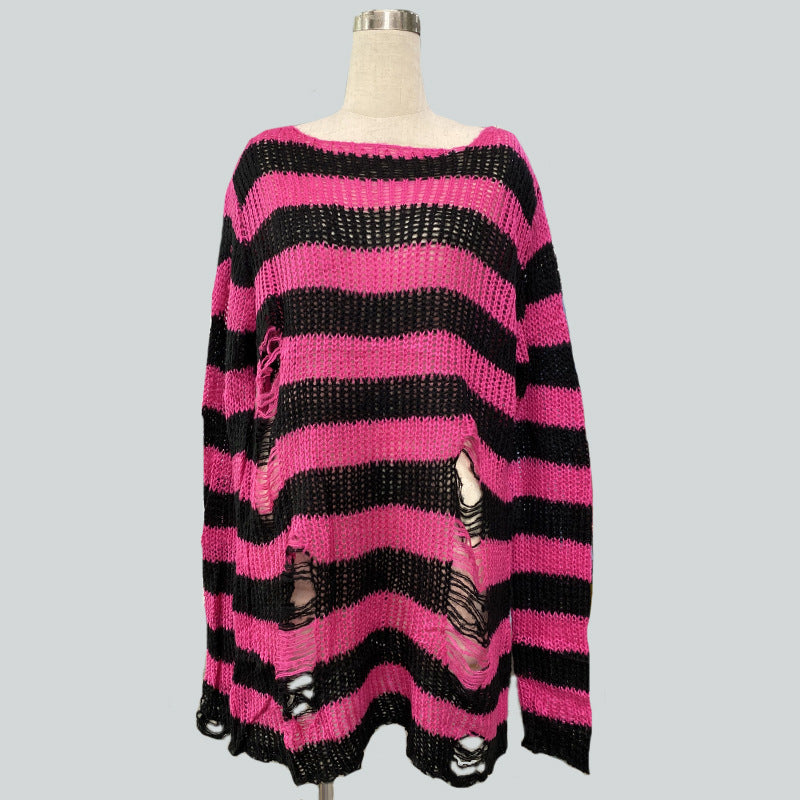 Damen nan Oversized Grobstrickpullover mit breiten Blockstreifen und aufgerissenem Design Drune