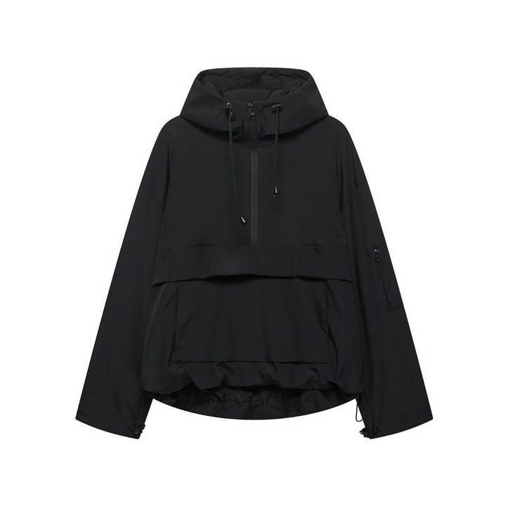 Damen funktionale Windjacke mit verstellbarem Kapuzenkragen und Kängurutasche Drune