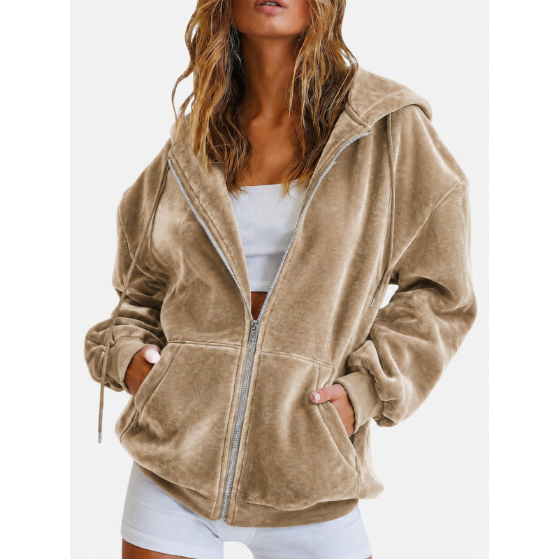 Damen Oversize Velours-Kapuzenjacke mit Reißverschluss Drune
