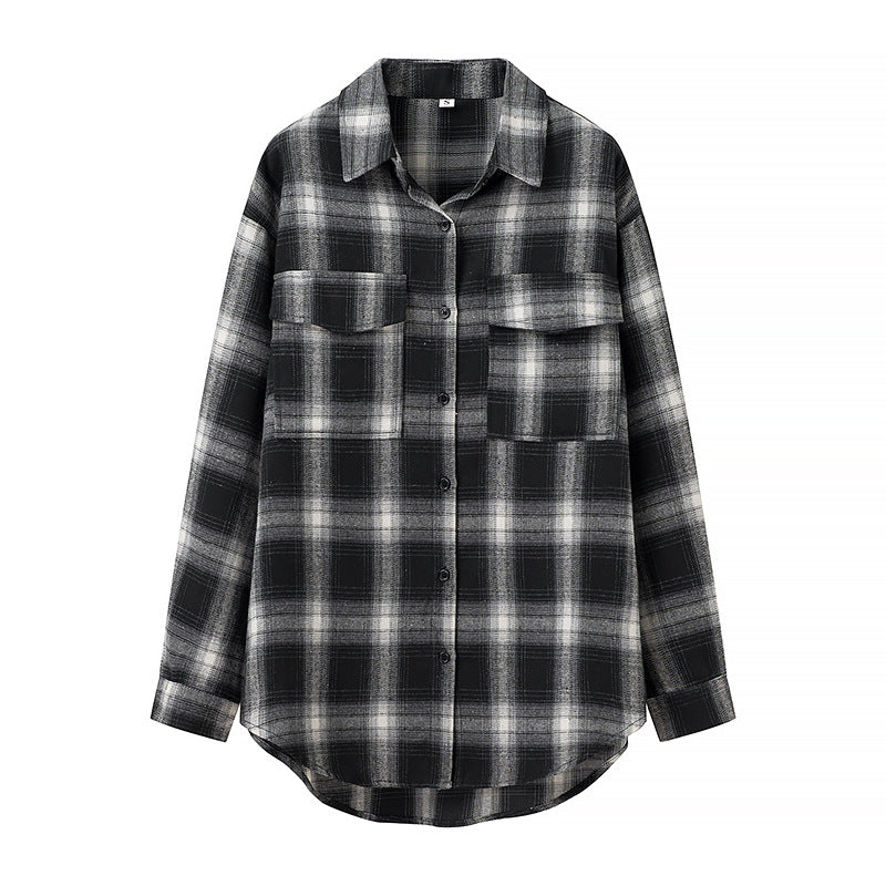 Damen Oversize‑Karo‑Hemdbluse mit aufgesetzten Brusttaschen und abgerundetem Saum Drune