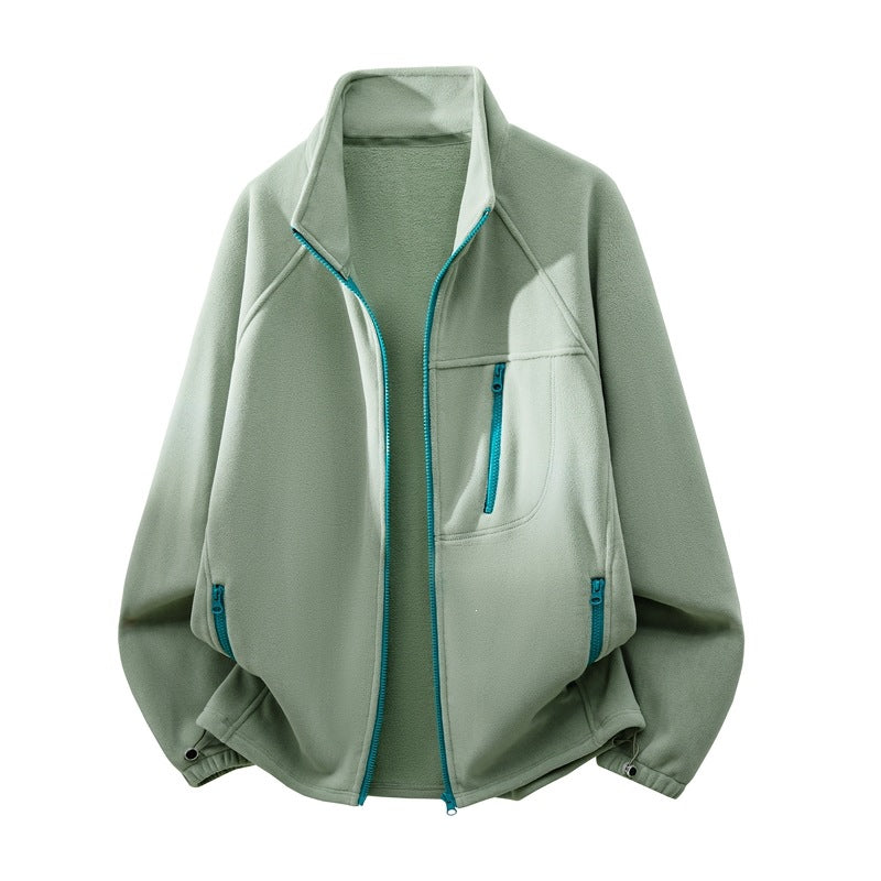 Unisex Leichte Fleecejacke mit Stehkragen, Raglanärmeln und multiplen Reißverschlusstaschen Drune