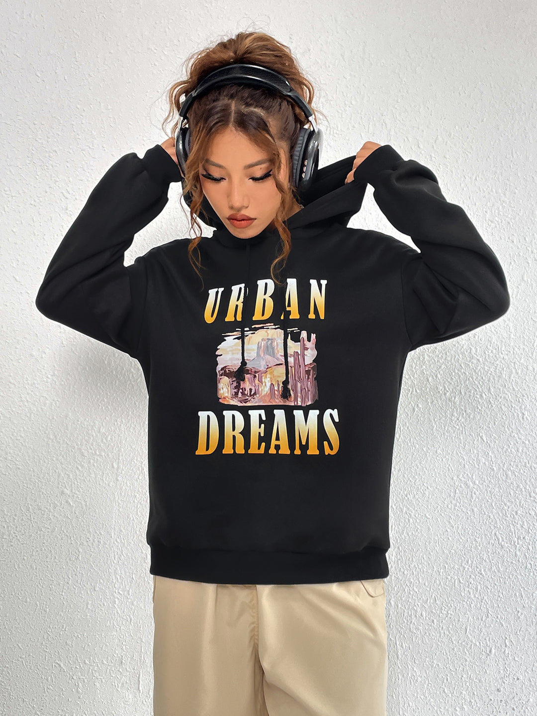 Damen Oversized Hoodie mit urbanem Print und Kapuze Drune